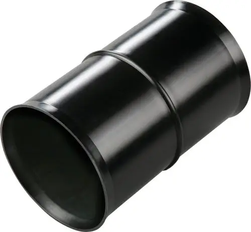 Schwarzes zylindrisches Verbindungsstück aus Kunststoff, vermutlich von Bosch, mit glatten Oberflächen und einer Übergangsform an beiden Enden.